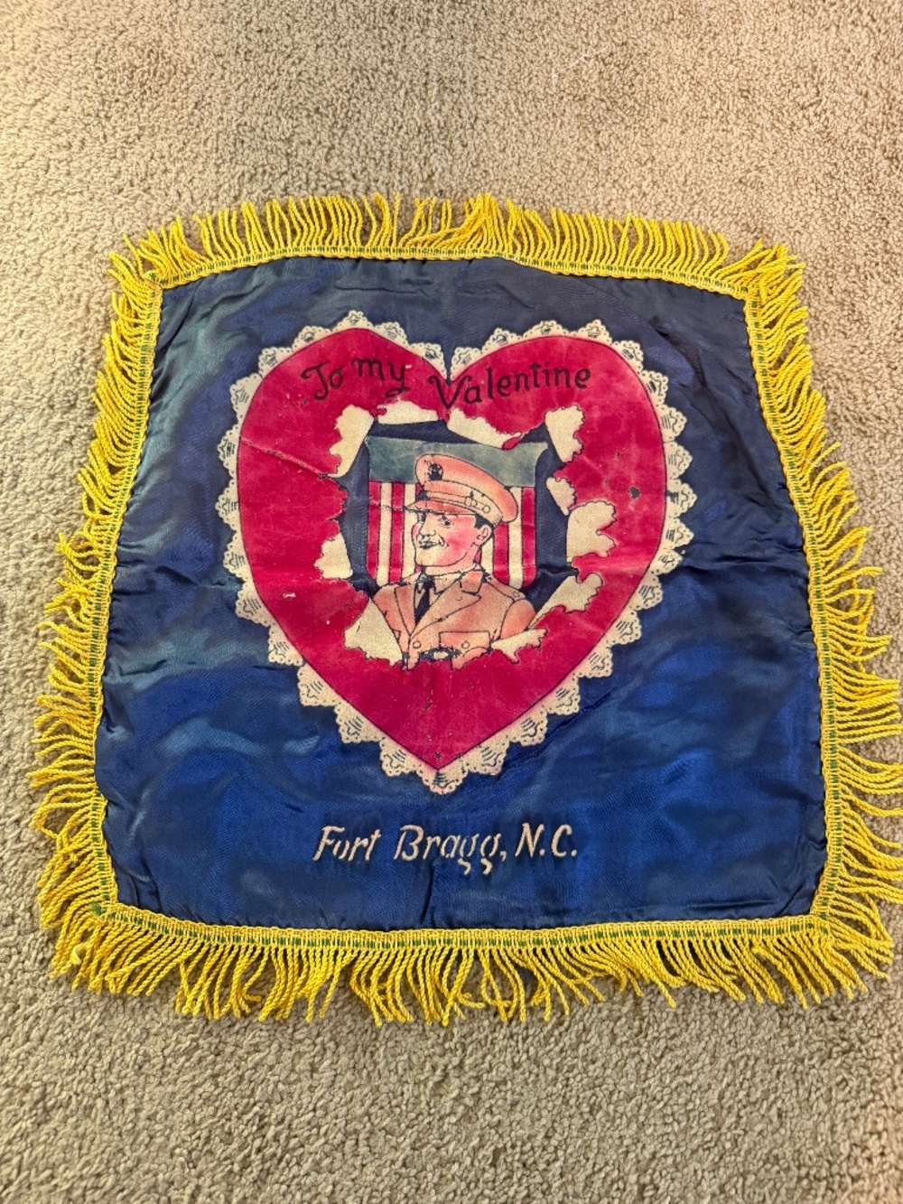 Vintage WWII Valentine Velvet and Satin Pillow Cover (16in x16in)